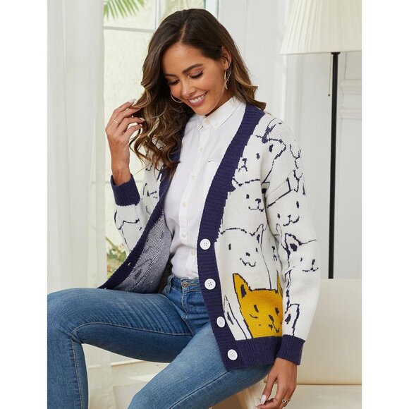 Women's Oversized Cat Cardigan Sweater Knit V-Neck Button Up Casual - Picture 2 of 7